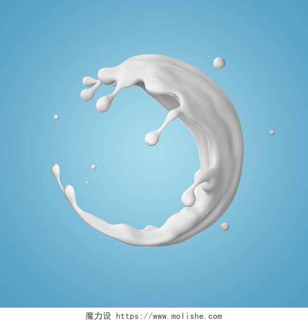 蓝色背景飞溅的牛奶3d 渲染, 牛奶螺旋飞溅, 液体波, 白色飞溅, 油漆, 循环, 弯曲喷射, 隔离在蓝色背景